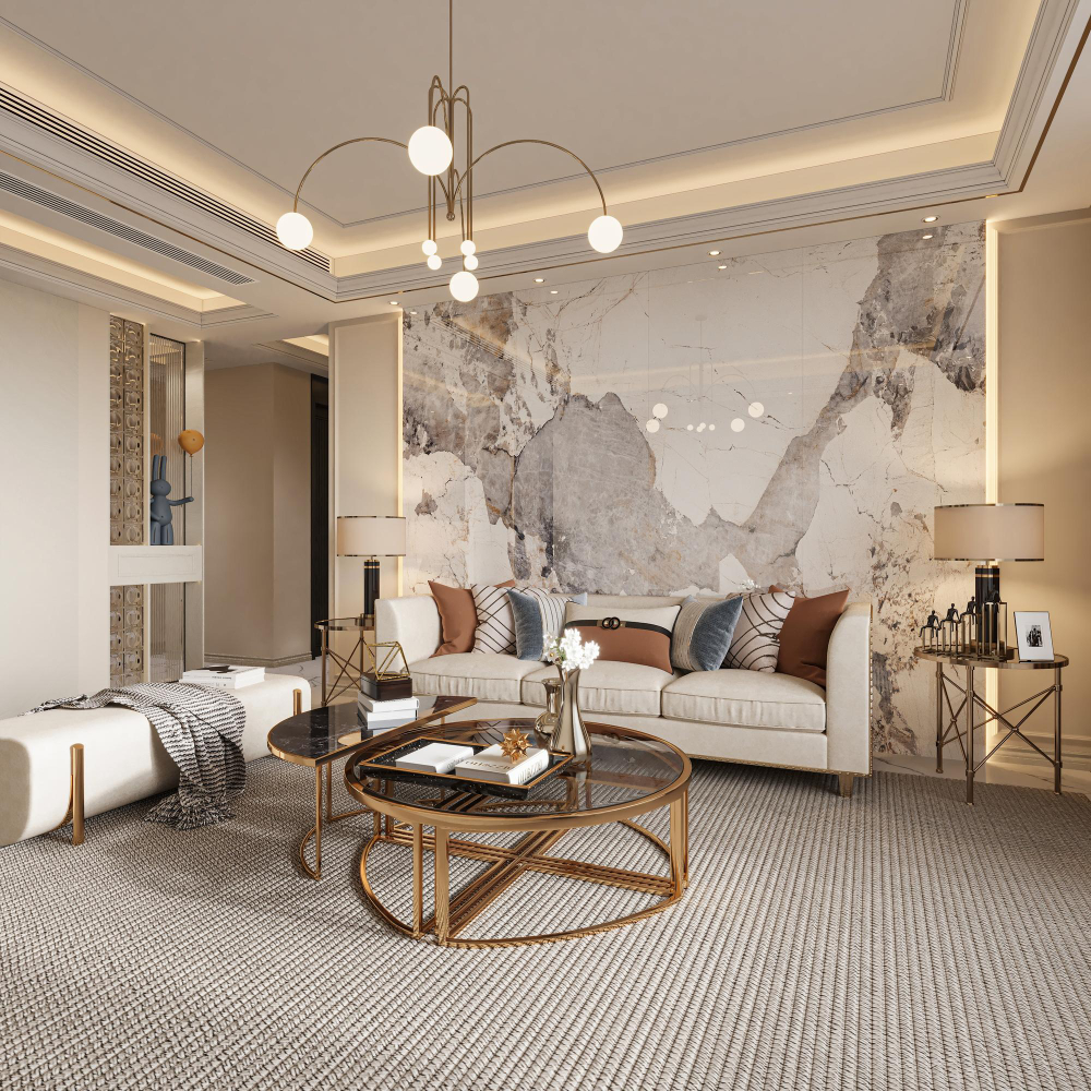 Luxurious interior design featuring elegant furniture, chandelier lighting, and premium finishes.